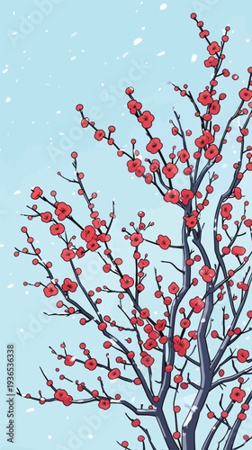 Red flowers bloom on tree branches under a light blue sky as snow falls gently. The scene captures winter's touch on nature.