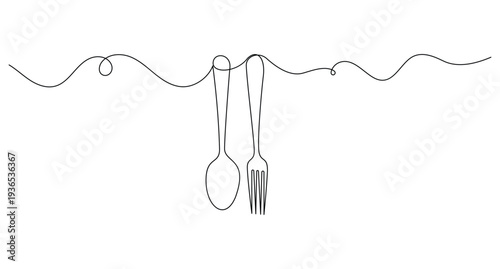 Hand drawn spoon and fork silhouette in continuous line style for kitchen wall art and decor