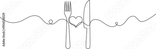 One line art of kitchen utensils fork and knife with heart symbol on wavy line background
