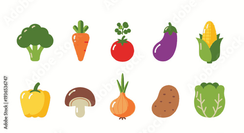 Assorted colorful vegetables and fruits illustration on a clean background from a straightforward viewpoint