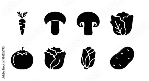 Collection of various vegetable silhouettes including carrot, mushroom, and potato illustrations