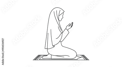 A kneeling woman in traditional dress depicted in linear silhouette