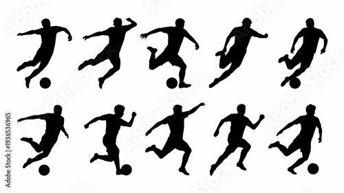 A collection of dynamic black silhouettes depicts various athletic poses of soccer players in action showcasing movement and skill high quality professional detailed modern elegant stylish