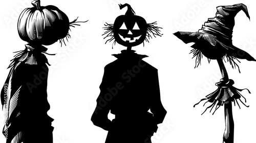 Collection of Spooky Scarecrow Silhouettes with Pumpkin and Jack-o'-lantern Heads for Autumn