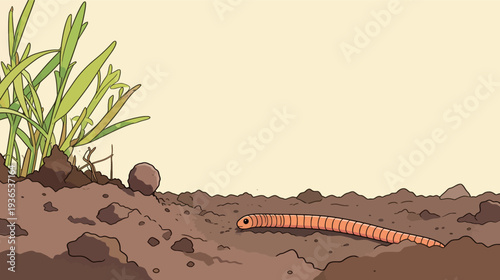 A worm moves through the dirt close to green grass in a garden under natural light in a daytime scene.