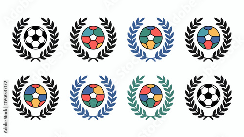 A collection of eight circular emblems featuring soccer balls surrounded by laurel wreaths in varying color schemes and designs high quality professional detailed modern elegant stylish
