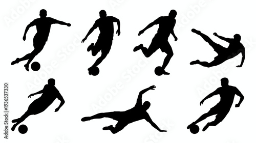 A collection of black silhouettes depicts various dynamic poses of soccer players in action showcasing movement and athleticism high quality professional detailed modern elegant stylish clean