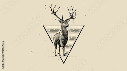 Majestic vintage deer with large antlers standing within a geometric triangle. Hand-drawn rustic graphic illustration with textured background.