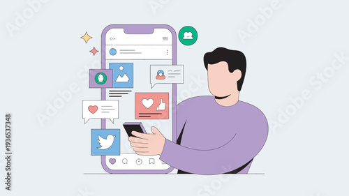 A man sitting and using his smartphone with social media icons floating around him.