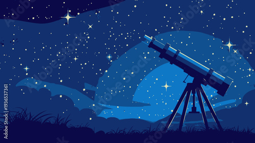Telescope observing a beautiful starry night sky. Astronomy, space exploration, scientific discovery, and cosmos research concept.