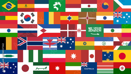 A vibrant collage showcases numerous national flags from around the globe representing diverse cultures and international unity in a colorful display high quality professional detailed modern