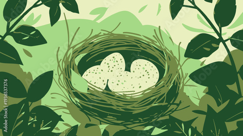 Bird Nest with Three Speckled Eggs Nestled in Green Foliage, a Symbol of Spring and New Life in Nature