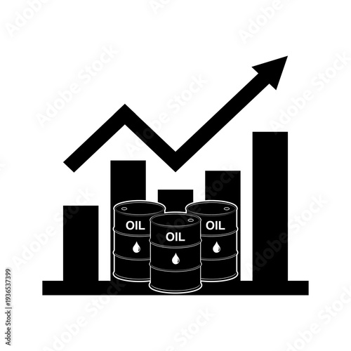 Oil barrel bar chart with rising trend and arrow, Oil prices are rising icon, for web and mobile app, isolated on a white background. Flat vector illustration