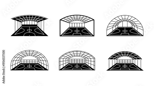 A series of black and white line drawings depict stadium or arena roof structures over a basketball court layout high quality professional detailed modern elegant stylish
