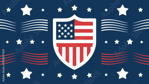 A patriotic image displays a shield incorporating the american flag surrounded by white stars on a navy blue background high quality professional detailed modern elegant stylish
