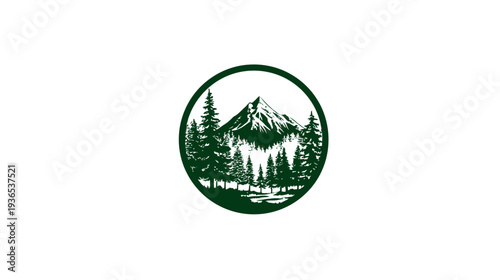 Green mountain and pine forest circular emblem vector illustration. Nature landscape logo design with snowy peaks and evergreen trees.