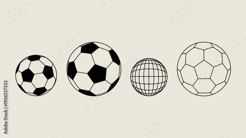 A collection of four different spherical objects are displayed three soccer balls and one globe all in a black and white style high quality professional detailed