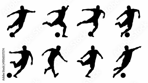 A collection of dynamic silhouettes depicts various soccer players in action showcasing kicking running and athletic poses high quality professional detailed modern elegant stylish clean crisp