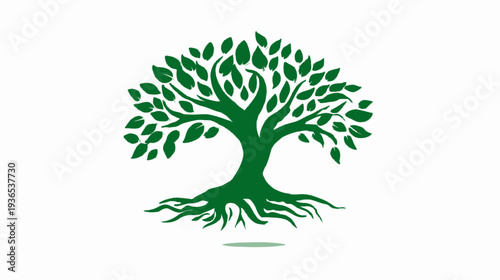 Vibrant green tree illustration with strong roots and lush leaves. Symbolizing nature, life, growth, ecology, and sustainability.