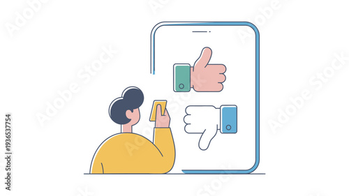 A cartoon man interacting with a large smartphone displaying thumbs up and down icons for feedback or rating.