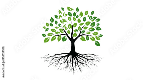 Green tree illustration with strong roots and lush leaves on white background, symbolizing nature, growth, and life