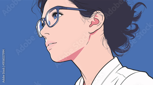 A woman is looking to the right with glasses on. Her hair is styled up. The background is blue, creating an artistic effect.