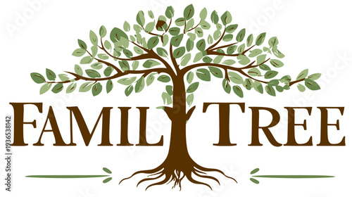 Conceptual graphic of a family tree with intricate roots and vibrant green leaves, symbolizing ancestry, heritage, and growth.