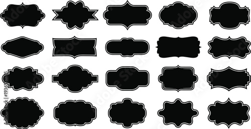 Vintage label and frame silhouette collection with ornate decorative badges and retro emblem shapes isolated on white background vector illustration set