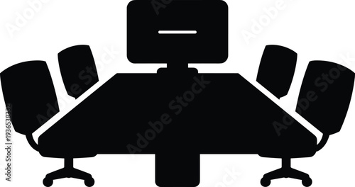 Corporate boardroom conference table silhouette, modern office meeting room with chairs and presentation monitor flat vector illustration isolated