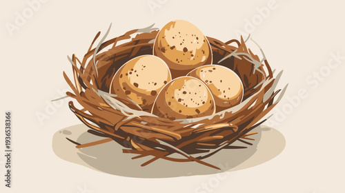 Bird's nest with four speckled eggs. Natural brown woven twig nest, symbol of spring, new life, and growth.