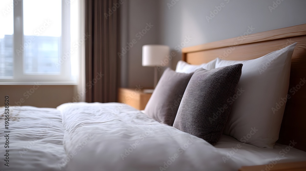 Fototapeta premium A minimalist bedroom scene featuring a neatly made bed with white linens and two textured pillows against a wooden headboard