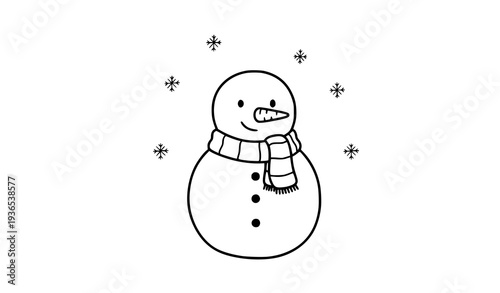 Minimal snowman with scarf and snowflakes winter line vector illustration