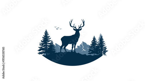 Majestic stag with prominent antlers in a serene mountain forest silhouette. Nature wilderness landscape icon vector illustration.