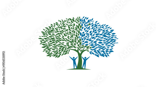 Vibrant stylized tree with split green and blue leaves, abstract happy figures below, symbolizing community, growth, and nature.