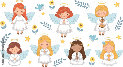Cute guardian angels cartoon vector illustration set with praying children halos wings flowers and stars religious theme