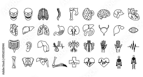 A collection of black and white medical icons and illustrations on a white background