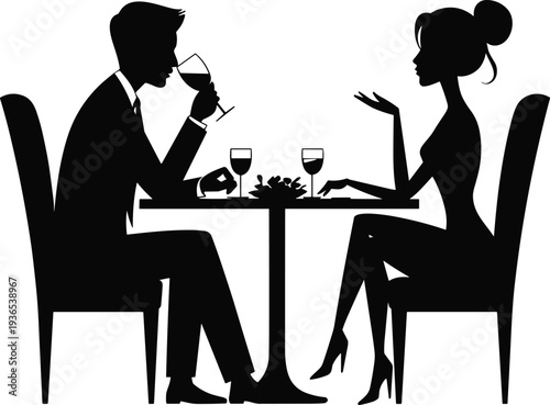 Couple enjoying romantic dinner with wine at restaurant table, elegant date night conversation, love relationship silhouette concept illustration