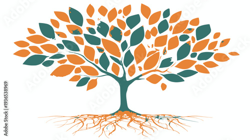Abstract tree of life graphic with vibrant orange and teal leaves and intricate roots, symbolizing growth, family, and ecology.