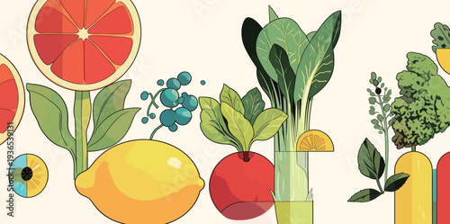 Fruits and vegetables are displayed in a colorful design, featuring lemons, greens, tomatoes, and other items.