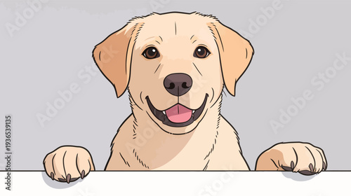 A dog leans over a table with its paws resting on the edge and a cheerful expression on its face in a light room.