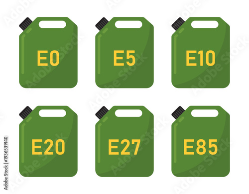 Green ethanol fuel canister icons set E0, E5, E10, E20, E27, E85 eco biofuel container labels for gasoline alternative energy transport vector illustration