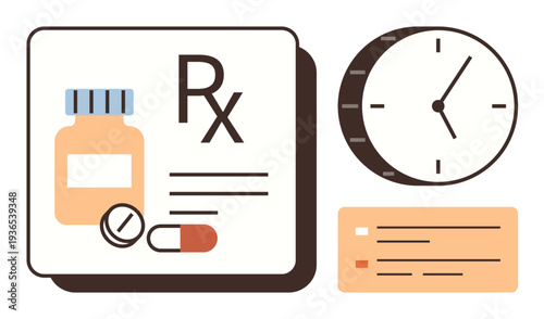 Healthcare, medication schedule, pharmacy, time management, prescription refills, medical plans. Symbols of medicine bottle, pills prescription sign clock and notes. Healthcare and medication