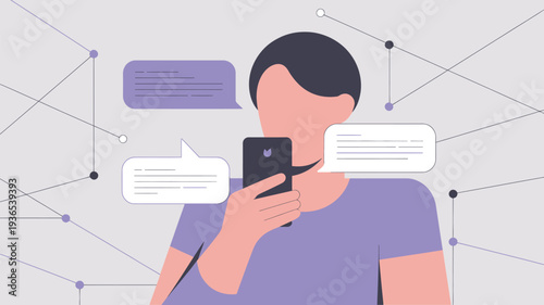 A person holding a smartphone with speech bubbles around them, representing online communication and social interaction.