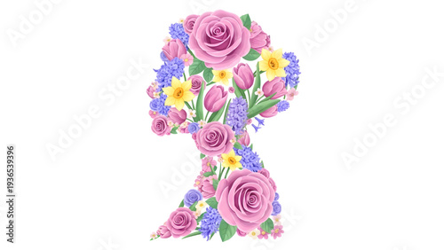 Vibrant floral silhouette of woman's head and shoulders in colorful blooms