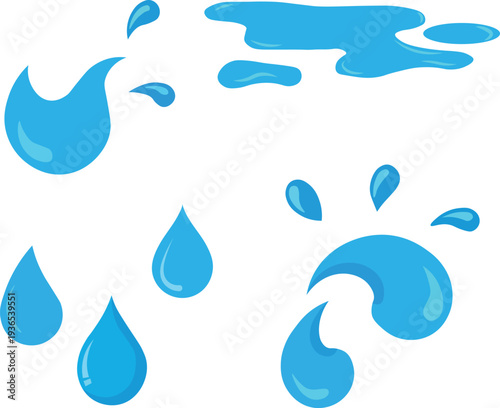 Blue water splashes drops and puddles collection liquid splash elements isolated vector illustration set