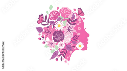 Vibrant floral head silhouette with butterflies and flowers
