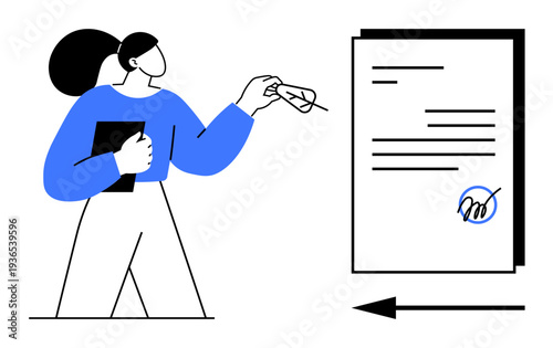Document signing process. Document signing ed as a person handing over a pen with a form ready for signature. Document signing for business, agreements, digital contracts, legal documents. Perfect