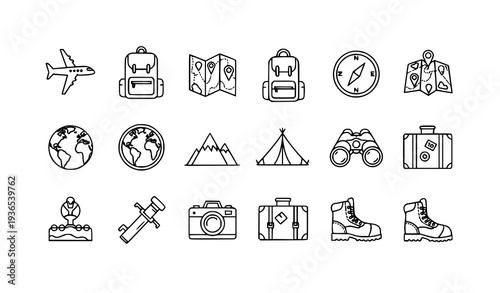 A set of line art travel icons on a white background