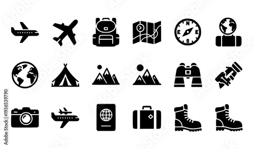 A set of black and white travel icons on a white background