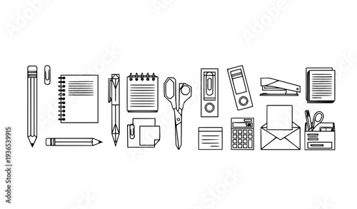 A collection of office supplies in a simple line art style